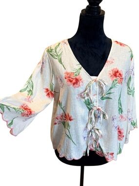 Laura Ashley Top White Floral Cottagecore Blouse Pink & Green Medium Linen Blend